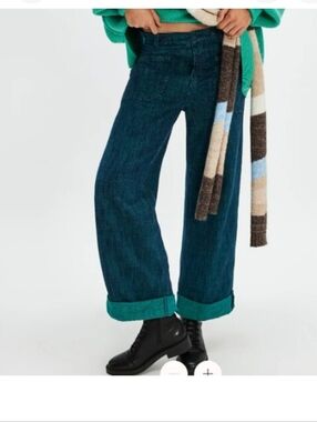 Free People We The Free Lagoon Blue Wide Leg Cuffed Jeans
